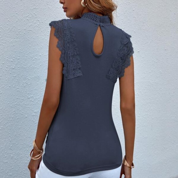 Bohemian Baby Blue Lace Floral Print Pink Sleeveless Top - Picture 9 of 9